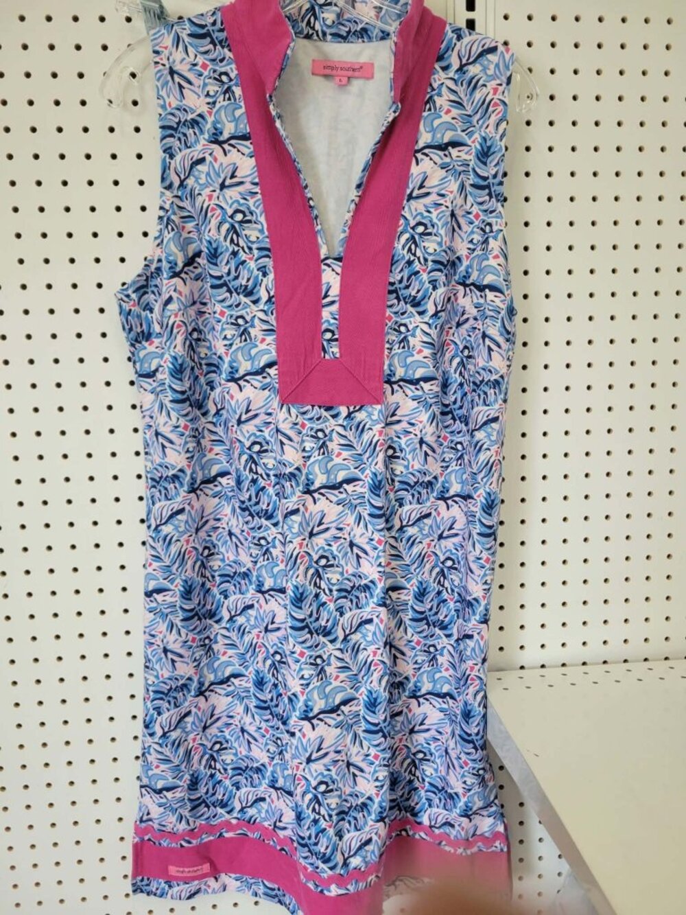Simply Southern Womens Sleeveless Tunic Dress Large Blue & Pink Tropical Print